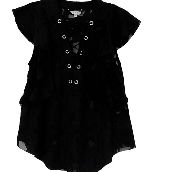 IRO GILKA BURNOUT LACE UP SHEER RUFFLE V-NECK BLOUSE BLACK SIZE 34/XS - Picture 6 of 7